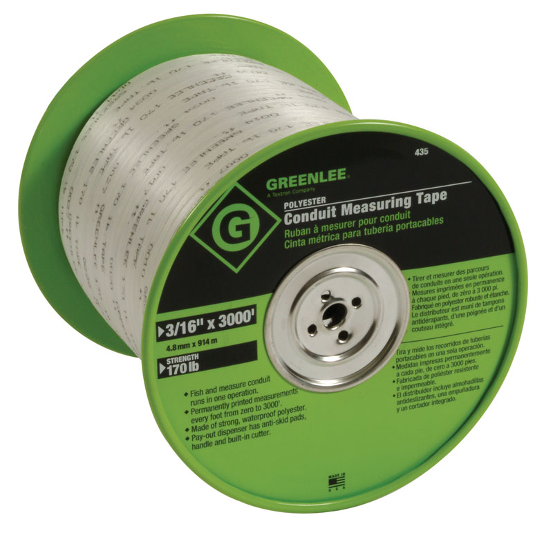 Polyester Conduit Measuring Tape, 3/16" x 3000' (44./mm x 914m). Fish and measure conduit runs in one operation. Permanently printed measurements every foot from zero to 3000' (914 m). Made of strong, waterproof polyester.
