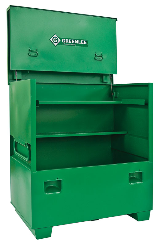 48 x 48 Flat-top box.  Flat-top design provides more storage capacity for tall, bulky items, plus a large work surface for jobsite plans.  Recessed and concealed lock protector inhibits forced entry and corrosion to lock.  Channel reinforcements on lid, lock side panels into lid for added security when closed.  Hinged lower shelf allows for easy storage of larger objects.  Angled handle recess prevents pinch points.  Hemmed (reinforced) high-strength shelves.  Continuous, non-removable hinge pins help prevent theft.  Side-wall storage.  Strategically located, easily accessible, durable gas springs provide for ease in opening lid.   Double hinge cover folds up and out of the way.  New angled 3-1/2" high support skids feature threaded holes for easy caster installation.  Patented, ergonomically designed fold-down recessed handles.  Recommend #1 and #5 Masterlock padlocks or equivalent.