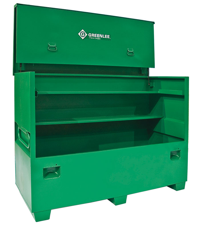48 x 72 Flat-top box.  Flat-top design provides more storage capacity for tall, bulky items, plus a large work surface for jobsite plans.  Recessed and concealed lock protector inhibits forced entry and corrosion to lock.  Channel reinforcements on lid, lock side panels into lid for added security when closed.  Hinged lower shelf allows for easy storage of larger objects.  Angled handle recess prevents pinch points.  Hemmed (reinforced) high-strength shelves.  Continuous, non-removable hinge pins help prevent theft.  Side-wall storage.  Strategically located, easily accessible, durable gas springs provide for ease in opening lid.   Double hinge cover folds up and out of the way.  New angled 3-1/2