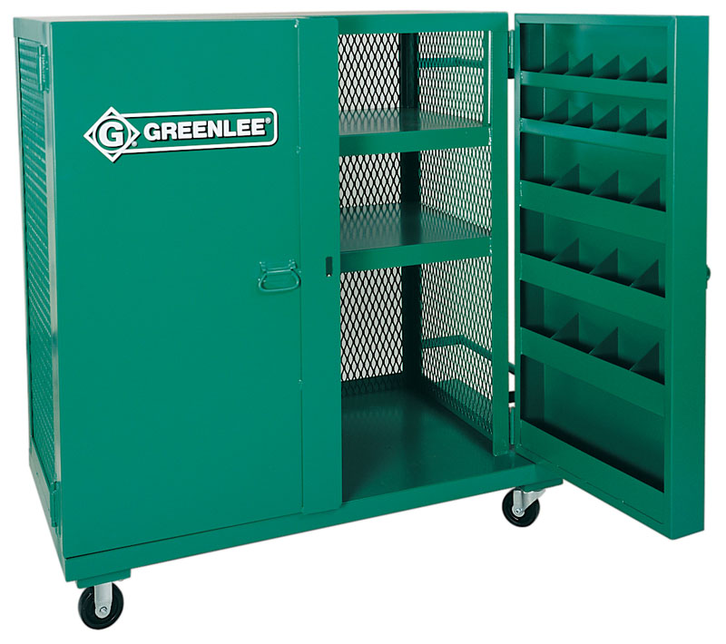 58 x 60 Mesh cabinet.  High-visibility mesh screen on 3 sides.  48 smaller, individual compartments, enabling storage of smaller tools and accessories.  Platform for shovels, picks, brooms and other long-handle tools.  Sturdy handle for mobility.  Supplied with 2 swivel casters and 2 rigid 4