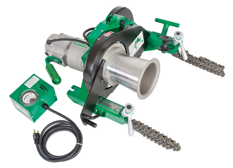 Super Tugger® 6500 Pound Cable Puller with Force Gauge and Vise Chains.  220 VAC 50 HZ.  Pull up to 6,500 lbs. (28.9 kN) with less than 27 lbs. (120 N) of operator effort.  Unique floor mounting attachment for quick, reliable setup   Leaf-type mounting chains won't twist when tightening.  Heat-treated steel serrated gripper feet for secure mounting to conduit.  Force Gauge included to constantly monitor the pull.  Right-angle sheave allows the operator to stand out of the direct line of force.  Audio alarm high force warning and circuit breaker shut off at maximum force for added safety.  Tapered capstan and patented rope guidance system for better control of the rope when feeding onto the capstan.  Patented.