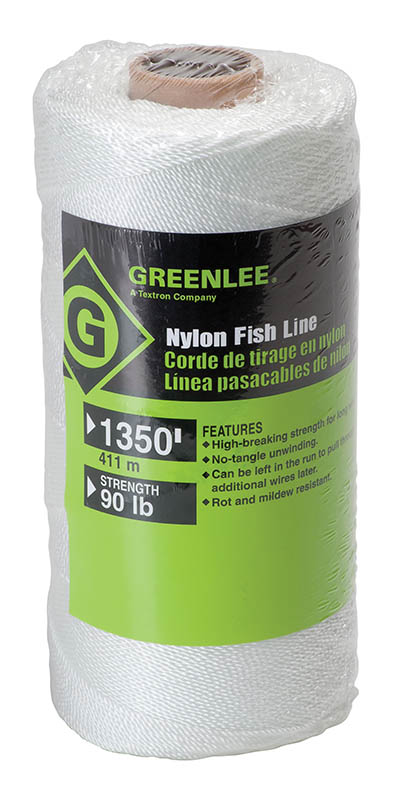 Fish Line1350' (411 m) 90 Pound Strength.  Strong, lightweight nylon.  Center feed for fast payout without tangling, use with mighty mouser blow gun.  Mildew-resistant, can be pulled into the run with the wire to provide a means to add wires later.