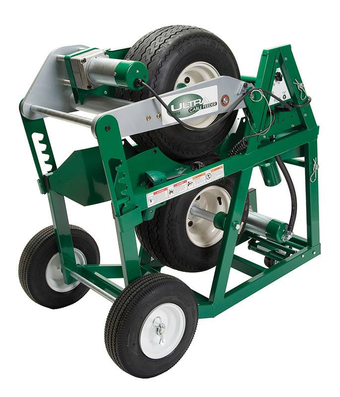 Feeds cable at variable speeds to match the speed of cable puller.     Accommodates cable ranging in size up to 3.5 IN (88.9 mm) in diameter.     Now with new tires for improved traction with low friction cables.     Sets up easily and can be operated by just one person.     Dual motors drive each wheel for traction on both sides of the cable.     Comes with pendant and toggle switch. An optional foot switch is available to control feeding..     Two cable loading methods: top-loading and end-loading.     Patented.