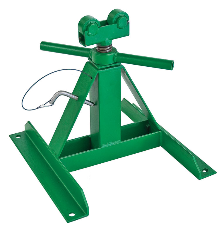 Wide, welded steel base foradded stability with 5/8 IN holes.     Roller bearings fit in thespindle groove to keep the spindle in place and turning freely.     Two stands and a spindle are required for a complete setup.