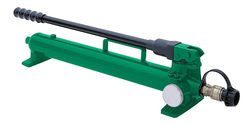 Hand operated two-speed hydraulic pump.  Ideal for use with remote cutting and crimping tools.  Compact and lightweight - easy to move around jobsites.  Solid base with wide legs provides for good stability during operation.  Built-in carrying handle.  Large, easy-to-grasp, retraction wheel.  Equipped with 3/8