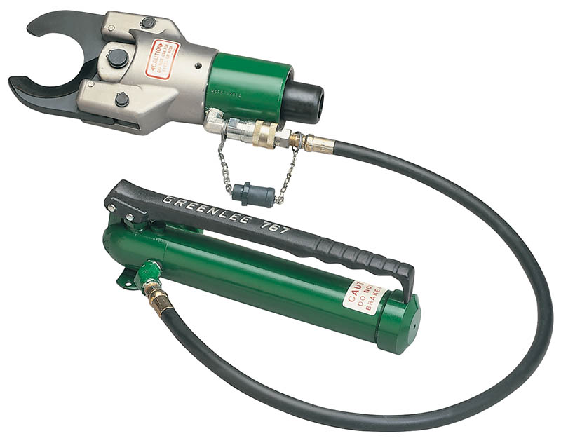 Hydraulic Cable Cutter 750 with 767 Hand Pump, Ram, Hydraulic Hose in Storage Box.  Cuts in 7 seconds.  Jaws slide open quickly to save time between cuts.  11-ton (97 kN) ram powers cutting jaws.  Jaws are specially hardened and precision-ground to hold sharpness.  Lightweight and easy to use.