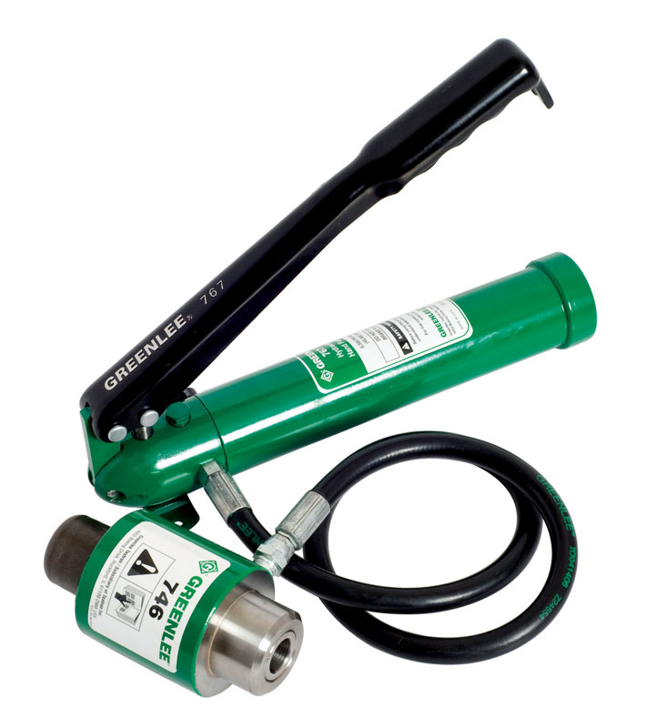Lightweight and portable, for use with Greenlee Punch Drivers.     Versatile, operates in any position.     Single speed.     Rugged steel pump body reservoir with cast aluminum handle.     Has mounting holes for easy, permanent mounting.