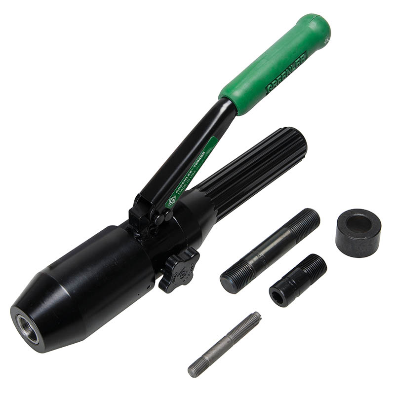 Quick Draw® Driver.  Draw studs, adapter, spacer and case.   Compact, lightweight design for portability and fast, easy one-person operation.  Develops 8 tons of hydraulic force for easy punching, even in 10-gauge stainless steel, depending on individual punch capacities.  Right angle driver head rotates over 180® for maximum flexibility in tight working areas.  Can be used with non-round punches within the capacity of the tool (adapter may be required).  U.S. Patent #6,772,521.