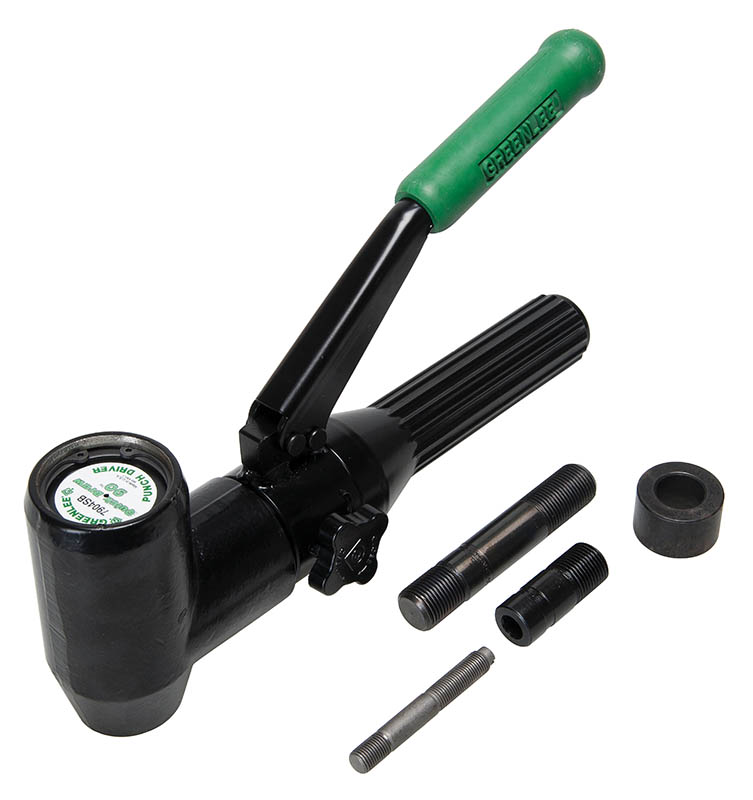 Quick Draw 90® Driver Metric.  Draw studs, adapter, spacer and case.   Compact, lightweight design for portability and fast, easy one-person operation.  Develops 8 tons of hydraulic force for easy punching, even in 10-gauge stainless steel, depending on individual punch capacities.  Right angle driver head rotates over 180® for maximum flexibility in tight working areas.  Can be used with non-round punches within the capacity of the tool (adapter may be required).  U.S. Patent #6,772,521.