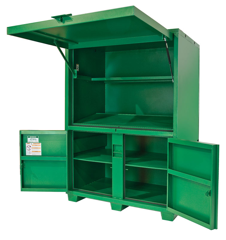 Field Office storage box. 80" x 60" slanted work surface with lockable, concealed storage area. Concealed lock protectors protect locks from drilling and cutting. Weather stripping on doors to help protect documents and tools from the elements. L...