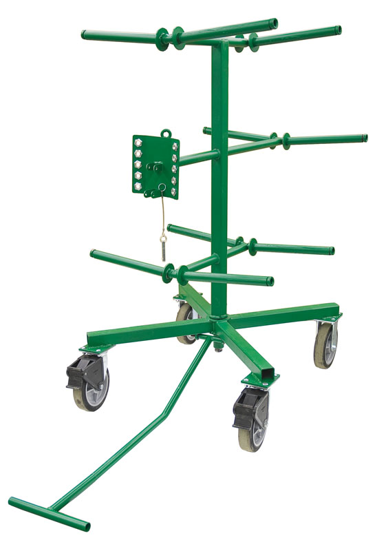 Wire Dispenser.  All welded steel construction.  Includes two (2) fixed and two (2) swivel locking heavy-duty casters.  The spool rack consists often (10) spindles and an adjustable guide loop.  Can be turned 360° independent of the base.  Spindles are angled to contain reels and act as a brake while paying out wire.  Fits through a 36