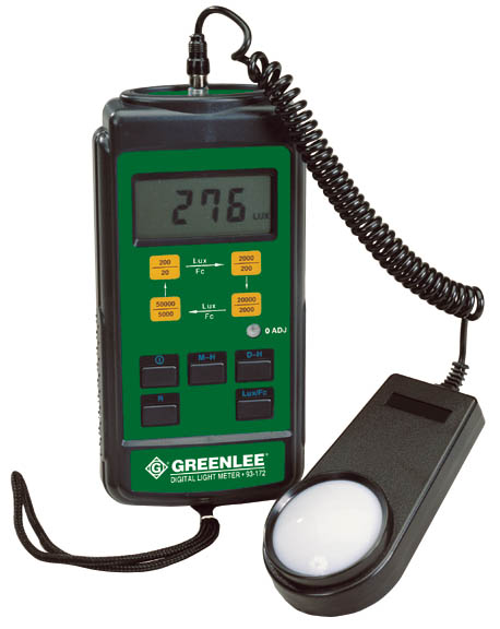 Measures incandescent, fluorescent, metal halide, high-pressure sodium and halogen lamp output.     Color and cosine-corrected for enhanced accuracy.     Measures up to 50,000 lux.     Peak and data hold means no lost measurements.     Accessories included: (1) 9V battery and carrying case.     Lifetime Limited Warranty.