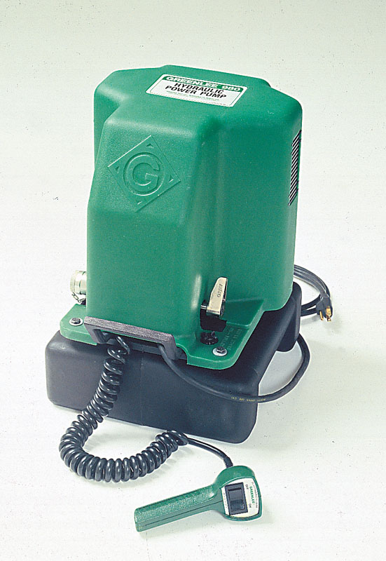 Electric Hydraulic Pump 120 VAC and 10,000 PSI.  Useable oil volume: 6 quarts (5.7 liters).  For use with all Greenlee benders.  Handy pendant advance control.  Low voltage pendant coupled to solid state motor controls eliminates contact arcing for greater reliability and longer life.  Automatic or manual ram return selector valve provides more control from the pendant switch.  Molded enclosure protects pump, motor and circuitry in tough working environments.  Use with single-hose hydraulic systems with spring-return rams.