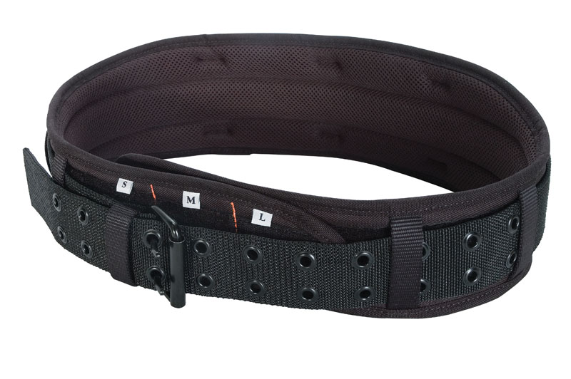 5 IN wide padded tool belt.     Sturdy construction for support of heavy tool pouches.     Foam core padding for extra comfort.     Double layer of rugged, lightweight fabric will not rot, crack, or harden.     Steel roller double-pronged buckle.     Made to fit 30 IN to 46 IN waist.