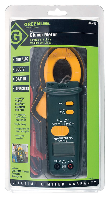 Measures to 600 volts AC and DC, and 400 amps AC.  Data hold to capture important readings.  Audible continuity test.  Auto power off for longer battery life.  Accessories included: (2) 1.5V AAA batteries, test leads, carrying case.  Lifetime Limited Warranty.