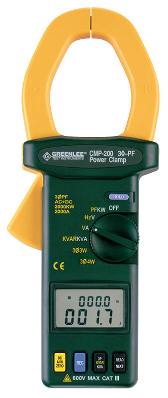 True RMS Clampmeter 2000A Measurement Calibrated.  True RMS for accurate measurement when harmonics are present.  Extra high capacity 2000A measurement.  Measures True Power, Apparent Power, Reactive Power, Power Factor, voltage, current and frequency.  Calculates total power and power factor on 3-phase, 3-wire, and 3-phase, 4-wire, and 1-phase, 3-wire circuits using stored measurement.  Stores up to 4 sets of measurements for calculation on multi-phase and multi-wire circuits.  Large, easy-to-read, dual 4-digit, 4000-count LCD display for high resolution.  Instantly recall the calculated Power Factor.  Accessories included: (1) 9V battery, test leads, carrying case.  Lifetime Limited Warranty.