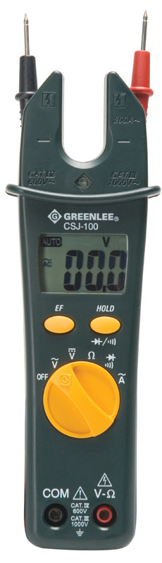 AC Open Jaw Clamp Meter.  AC amperage, AC/DC voltage measurement.  Open jaw design eases AC current measurement.  Slim profile with built-in probe storage on back.  Measures resistance up to 20MO.  Audible continuity and diode test.  Bright LED and audible alarm for non-contact voltage detection.  Auto power off for longer battery life.  Data hold to capture measurements.  2000 count LCD.  Accessories included: two (2) 1.5V AAA batteries, test leads and carrying case.  Lifetime Limited Warranty.