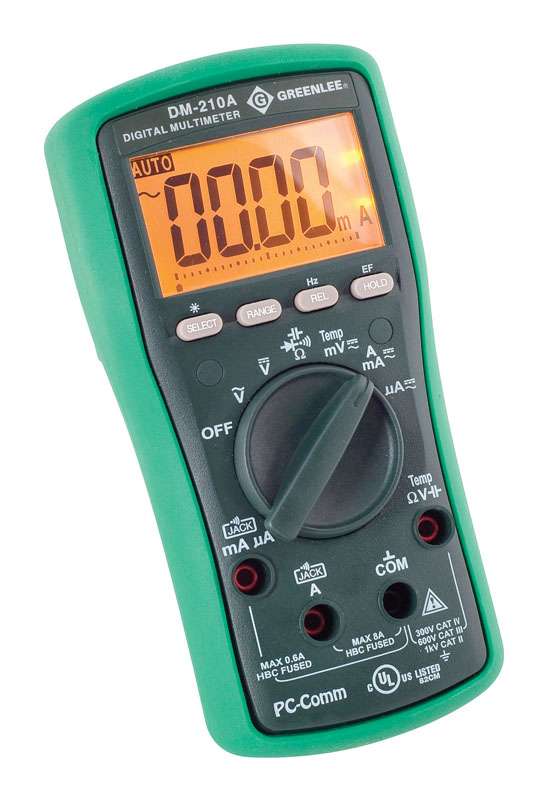 ESM™ Series Digital Multimeters.  Measures capacitance and temperature using a type K thermocouple.  Also measures voltage, current, resistance and frequency.  Tests continuity and diodes.  Backlit LCD with 6,000 count display.  Two voltage detection modes - non-contact or using a single test lead.  BeepJack™ warns when test leads are incorrectly inserted in current measurement terminals.  Automatic and manual range selection.  Relative offset mode to see changes in measurements.  Data hold.  Use optional USB / RS-232 interface DMSC-2U for direct-to-PC logging.  Lifetime Limited Warranty.  Accessories included: (2)1.5V AAA batteries,  test leads and protective boot.