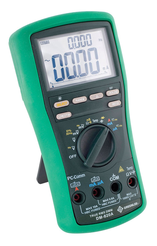 ESM™ Series Digital Multimeters.  True RMS for no-compromise accuracy.  Measures voltage, current,resistance, capacitance and frequency.  Tests continuity and diodes.  Backlit LCD with dual 10,000 count displays.  BeepJack™ warns when test leads are incorrectly inserted in current measurement terminals.  Automatic and manual range selection.  Relative offset mode to see changes in measurements.  Data hold.  Crest capture (peak hold) plus recording of max, min, max-min and average.  Two voltage detection modes, non-contact or using a single test lead.  One temperature measurement using a type K thermocouple.  Conductance measurement.  Use optional USB interface DMSC-9U for direct-To-PC logging.  Certificate of Calibration included.  Accessories included: (1)9V battery, bead temperature probe, test leads, protective boot, carrying case.  Lifetime limited warranty.