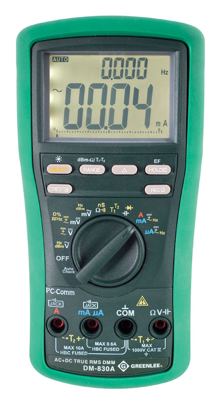 True RMS for no-compromise accuracy.  Measures voltage, current, resistance, capacitance and frequency.  Tests continuity and diodes.  Backlit LCD With Dual 10,000 Count Displays.     BeepJack warns when test leads are incorrectly inserted in current measurement terminals.  Automatic and manual range selection.  Relative offset mode to see changes in measurements.  Data hold.   Use optional USB interface DMSC-9U for direct-to-PC logging.  Lifetime Limited Warranty.  AC+DC True RMS gives accurate readings on complex waveforms.  Low impedance AutoCheck mode - automatically selects AC or DC volts, resistance or continuity. Low impedance masks ghost voltage pickup.  dBm function with 20 selectable reference impedance values.  Crest capture (peak hold) plus recording of max, min, max-min and average.  Two voltage detection modes - non-contact or using a single test lead.     Two temperature measurements using type K thermocouples.  Conductance measurement.  Accessories included: (1)9V battery, bead temperature probe test leads, protective boot, carrying case.