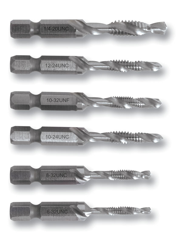 Combination Drill/Tap Bits.  10-24NC.  Complete hole drilling, tapping and deburring/countersinking in one operation with power drill saves labor and time.  Back tapered beyond tap to prevent thread damage from over-drilling.  Deburr/countersink also provided on bit beyond back taper.  Made from hardened high-speed steel vs. carbon steel for longer life.  High quality hex shank to ensure strong connection to drill chuck.  Designed to tap up to 10-gauge metal.  Quick change adaptor included in both metric and standard kits.