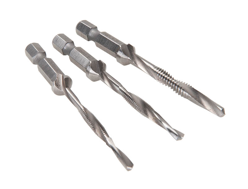 10-32NF Combination Drill Tap Bits.  Drill, Tap, and Countersink in one easy to use bit.  Tap holes up to 4X's faster than traditional methods.  One-piece Drill/Tap design ensures proper hole size for threaded tap size.  Available kit and individual bits in 8-32NC, 10-32NF, and 1/4-20NC thread sizes.  Constructed of hardened High Speed Steel.  Long length Drill/Tap Bits tap up to 1/2