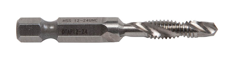 Combination Drill/Tap Bits.  12-24NC.  Complete hole drilling, tapping and deburring/countersinking in one operation with power drill saves labor and time.  Back tapered beyond tap to prevent thread damage from over-drilling.  Deburr/countersink also provided on bit beyond back taper.  Made from hardened high-speed steel vs. carbon steel for longer life.  High quality hex shank to ensure strong connection to drill chuck.  Designed to tap up to 10-gauge metal.  Quick change adaptor included in both metric and standard kits.