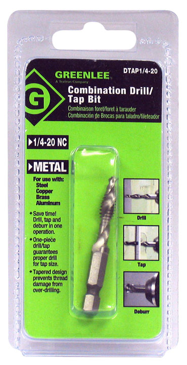 Combination Drill/Tap Bits.  1/4-20NC.  Complete hole drilling, tapping and deburring/countersinking in one operation with power drill saves labor and time.  Back tapered beyond tap to prevent thread damage from over-drilling.  Deburr/countersink also provided on bit beyond back taper.  Made from hardened high-speed steel vs. carbon steel for longer life.  High quality hex shank to ensure strong connection to drill chuck.  Designed to tap up to 10-gauge metal.  Quick change adaptor included in both metric and standard kits.
