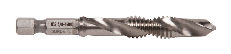 Combination Drill/Tap Bits.  3/8-16NC.  Complete hole drilling, tapping and deburring/countersinking in one operation with power drill saves labor and time.  Back tapered beyond tap to prevent thread damage from over-drilling.  Deburr/countersink also provided on bit beyond back taper.  Made from hardened high-speed steel vs. carbon steel for longer life.  High quality hex shank to ensure strong connection to drill chuck.  Designed to tap up to 10-gauge metal.  Quick change adaptor included in both metric and standard kits.