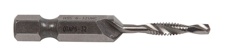 Combination Drill/Tap Bits.  6-32NC.  Complete hole drilling, tapping and deburring/countersinking in one operation with power drill saves labor and time.  Back tapered beyond tap to prevent thread damage from over-drilling.  Deburr/countersink also provided on bit beyond back taper.  Made from hardened high-speed steel vs. carbon steel for longer life.  High quality hex shank to ensure strong connection to drill chuck.  Designed to tap up to 10-gauge metal.  Quick change adaptor included in both metric and standard kits.