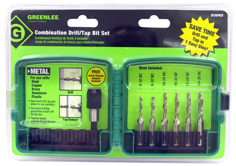 Combination Drill/Tap Bits.  6 Piece Drill/Tap Set, 6-32 TO 1/4-20.  Complete hole drilling, tapping and deburring/countersinking in one operation with power drill saves labor and time.  Back tapered beyond tap to prevent thread damage from over-drilling.  Deburr/countersink also provided on bit beyond back taper.  Made from hardened high-speed steel vs. carbon steel for longer life.  High quality hex shank to ensure strong connection to drill chuck.  Designed to tap up to 10-gauge metal.  Quick change adaptor included in both metric and standard kits.