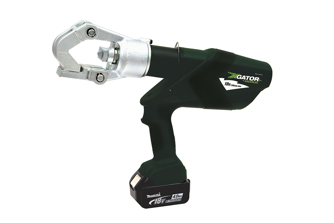 Gator® 12-Ton Battery-Powered Indent Crimper with 120V charger.  Equipped with Bluetooth™ Communication enabled via the Greenlee Gator Eye app.  Features LED display screen communicating pressure and battery levels as well as tool diagnostics with real-time tool feedback.  Dieless indent style crimping head does not require interchangeable crimping dies.  Intelligent Crimping System Technology includes a pressure sensor that monitors the crimping force of each crimp and provides the operator a visual and audible alert if the force is below specifications.  State of the art 18V lithium ion (Li-ion) battery provides 70 percent more cycles per charge and faster cycle times.  Automatic Retraction Stop (ARS) which retracts the ram just enough to get ready for the next cycle saving time and energy.  LED light provides the operator with the battery charge and tool maintenance status.  Two-stage hydraulic system provides fast advance and power speeds, saving time.  Forward handle position improves tool balance.  One trigger controls all tool functions.  Crimping head rotates 350°.  Tools automatically retract when the crimping cycle is complete.  Overmolded tacky grip areas make gripping the tool easier and more comfortable.  LED work light illuminates dark work areas.  Greenlee battery-powered crimping tools now use bio-degradable oil.  Smart chargers control the charging current, charging voltage and battery temperature to maximize battery life.  Flip open crimping head will allow crimping of 4 AWG - 1000 kcmil copper or 6 AWG - 1000 kcmil aluminum with no dies to change.