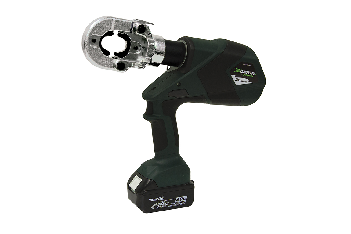 Gator® Battery Powered 6 Ton Crimping Tool Pistol Grip.  12V AC Adapter.  Equipped with Bluetooth™ Communication enabled via the Greenlee Gator Eye app.  Features LED display screen communicating pressure and battery levels as well as tool diagnostics with real-time tool feedback.  Intelligent Crimping System Technology includes a pressure sensor that monitors the crimping force of each crimp and provides the operator a visual and audible alert if the force is below specifications.  State of the art 18V lithium ion (Li-ion) battery provides 70 percent more cycles per charge and faster cycle times.  LED light provides the operator with the battery charge and tool maintenance status.  In line tool style is light weight and very easy to control.  One trigger controls all tool functions.  Crimping head rotates 350°.  Tools automatically retract when the crimping or cutting cycle is complete.  Overmolded tacky grip areas make gripping the tool easier and more comfortable.  LED work light illuminates dark work areas.  Greenlee battery-powered crimping tools now use bio-degradable oil.  Smart chargers control the charging current, charging voltage and battery temperature to maximize battery life.  Accepts Greenlee KC22 and KA22 series crimping dies.   Includes 04292 die adapters which can be used with all industry 