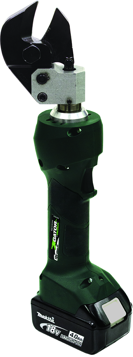 Gator® Wire Cutter 20mm ES20LX with 230V AC Adapter.  Equipped with Bluetooth™ Communication enabled via the Greenlee Gator Eye app. Features LED display screen communicating pressure and battery levels as well as tool diagnostics with real-time tool feedback.  Designed primarily to cut distribution ACSR cable.  Scissor style blades make it easy to cut short tag ends on tap cables in H-tap connectors.  Powerful state of the art 18V lithium ion (Li-ion) battery.  LED light provides the operator with the battery charge and tool maintenance status.  In-line tool style is light weight and very easy to control.  One trigger controls all tool functions.  Cutting head rotates 350°.  Tool automatically retracts when the cutting cycle is complete.  Overmolded tacky grip areas make gripping the tool easier and more comfortable.  LED work light illuminates dark work areas.  Uses bio-degradable oil.  Smart chargers control the charging current, charging voltage and battery temperature to maximize battery life.