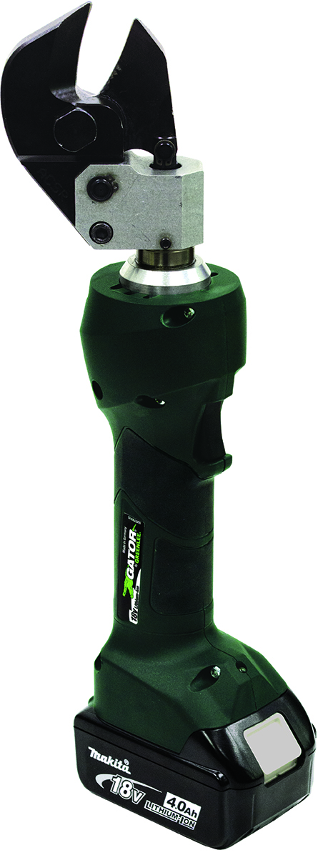 Gator® Wire Cutter 20mm ES20LX with 120V Charger.  Equipped with Bluetooth™ Communication enabled via the Greenlee Gator Eye app.  Features LED display screen communicating pressure and battery levels as well as tool diagnostics with real-time tool feedback.  Designed primarily to cut distribution ACSR cable.  Scissor style blades make it easy to cut short tag ends on tap cables in H-tap connectors.  Powerful state of the art 18V lithium ion (Li-ion) battery.  LED light provides the operator with the battery charge and tool maintenance status.  In-line tool style is light weight and very easy to control.  One trigger controls all tool functions.  Cutting head rotates 350°.  Tool automatically retracts when the cutting cycle is complete.  Overmolded tacky grip areas make gripping the tool easier and more comfortable.  LED work light illuminates dark work areas.  Uses bio-degradable oil.  Smart chargers control the charging current, charging voltage and battery temperature to maximize battery life.