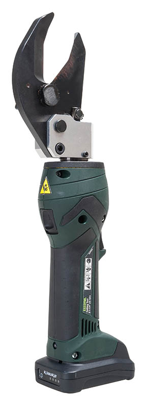 Small size makes the ES32ML an excellent tool for use inside panel boxes.  In line tool style is light weight and very easy to control.  One trigger controls all tool functions.  Cutting head rotates 350°.  Tools automatically retract when the cutting cycle is complete.  Overmolded tacky grip areas make gripping the tool easier and more comfortable.  LED work light illuminates dark work areas.  Greenlee battery-powered crimping tools now use bio-degradable oil.  LED Battery level indicator allows the user to monitor battery charge so they always know when the battery needs to be recharged.  10.8V Li-Ion Battery can perform up to 135 cuts (300 MCM cu Cable) on one battery charge.