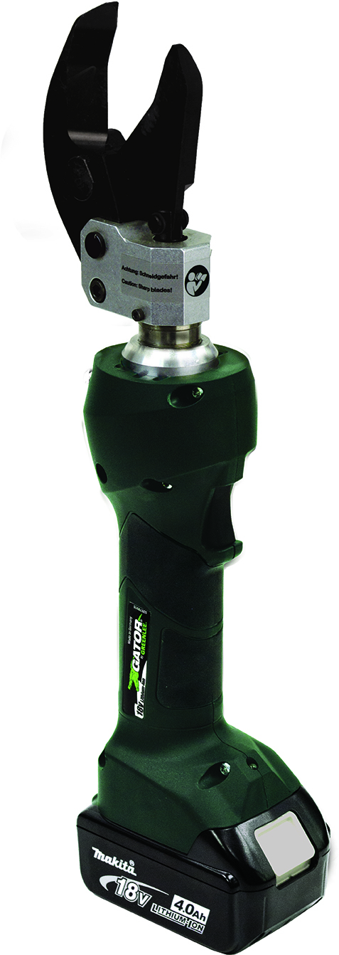 Gator®ES32L Battery Powered Cable Cutter with 120V Charger.  Equipped with Bluetooth™ Communication enabled via the Greenlee Gator Eye app.  Features LED display screen communicating pressure and battery levels as well as tool diagnostics with real-time tool feedback.  Designed specifically for cutting fine stranded copper cable.  State of the art 18V lithium ion (Li-ion) battery provides 70 percent more cycles per charge and faster cycle times.  LED light provides the operator with the battery charge and tool maintenance status.  In-line tool style is light weight and very easy to control.  One trigger controls all tool functions.  Cutting head rotates 350°.  Tools automatically retract when the cutting cycle is complete.  Overmolded tacky grip areas make gripping the tool easier and more comfortable.  LED work light illuminates dark work areas.  Greenlee battery-powered tools now use bio-degradable oil.  Smart Chargers control the charging current, charging voltage and battery temperature to maximize battery life.