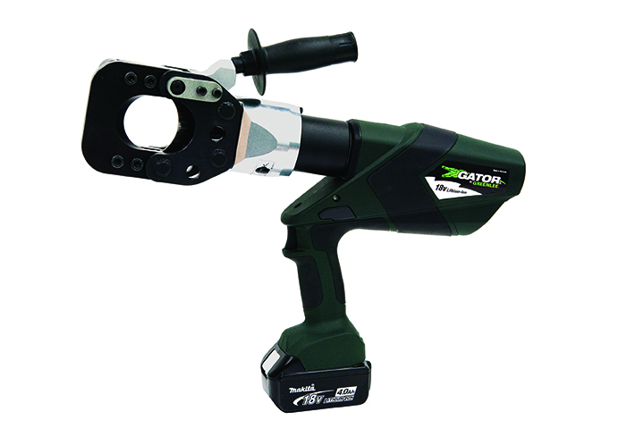 Gator® ESG55L Battery Powered Cable Cutter with 120V AC Adapter.  Equipped with Bluetooth™ Communication enabled via the Greenlee Gator Eye app.  Features LED display screen communicating pressure and battery levels as well as tool diagnostics with real-time tool feedback.  Designed specifically to cut ACSR, guy strand and ground rods.  State of the art 18V lithium ion (Li-ion) battery provides 70 percent more cycles per charge and faster cycle times.  Retraction Stop allows the operator to stop the ram retraction at any point simply by tapping the trigger, and then starting the next cutting cycle from that point saving time and energy.  LED light provides the operator with the battery charge and tool maintenance status.  Two-stage hydraulic system provides fast advance and power speeds, saving time.  Forward handle position improves tool balance.  One trigger controls all tool functions.  Cutting head rotates 350°.  Tools automatically retract when the cutting cycle is complete.  Overmolded tacky grip areas make gripping the tool easier and more comfortable.  LED work light illuminates dark work areas.  Greenlee battery-powered cutting tools now use bio-degradable oil.  Smart chargers control the charging current, charging voltage and battery temperature to maximize battery life.  U.S. Patents #6,206,663 and #6,065,326.