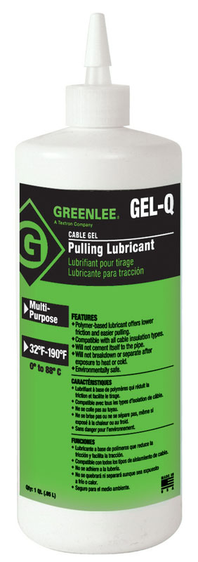 Cable-Gel™ Cable Pulling Lubricant One (1) Quart, Standard Pack of 12.  Polymer-based, no silicon lubricant offers lower friction and easier pulling.  Compatible with all cable insulation types.  Cleans up quickly.  Non-staining.  Higher lubricity than competitive products.  Will not cement itself to the pipe.  Dries slowly.  Can be applied by hand or pump.  Will not break down or separate after exposure to heat or cold.  Environmentally safe/non-hazardous.