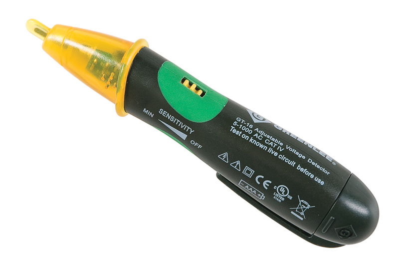 Adjustable to safely detect power and low voltage.     Safely detects AC voltage without touching the bare conductor.     Adjustable for use on power wiring plus lighting, thermostats and other low voltage circuits.     Use to detect voltage in outlets, lighting fixtures, wires and cables.     Finds breaks in wires.     Identifies hot and neutral conductors.     Low battery indication.     Accessories included: (1) 1.5V AAA battery.     Lifetime Limited Warranty.