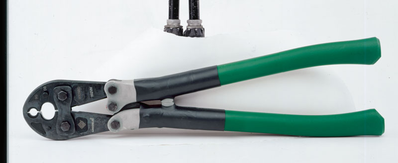 Manual Crimping Tool with D and BG Die Grooves.  Designed for crimping a wide range of overhead service entrance connections, overhead splices, and overhead taps.  Easy-to-use MD-6 type 