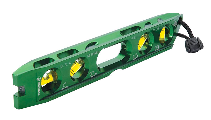 Torpedo Level, Professional Grade.  Four open vial ports for easy viewing from all sides.  Perfect for pipe and conduit work.  Four rare earth magnets allow for hands-free use on metal surfaces.  Four vial design - 0°, 30°, 45°, and 90°.  Machined from aluminum alloy and anodized to aircraft standards.  V-groove on bottom for mounting on curved surface.  Offsets and calculations permanently laser-engraved onto level.