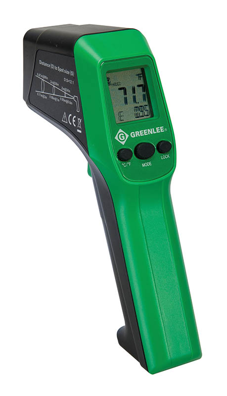 Infrared Thermometer offers safe, non-contact temperature measurement.  Laser spot indicator shows approximate center of target measurement area.  Display temperatures in either Fahrenheit or Celsius.  Adjustable emissivity for optimum temperature reading accuracy on a wide range of materials and surfaces.  Min, Max, Difference and Average temperature functions.  Backlight display for easy readings in any environment.  Auto power off for longer battery life.