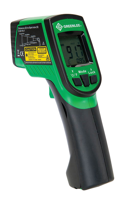 Dual Laser Infrared Thermometer offers safe, non-contact temperature measurement.  Laser spot indicator shows approximate center of target measurement area.  Display temperatures in either Fahrenheit or Celsius.  Adjustable emissivity for optimum temperature reading accuracy on a wide range of materials and surfaces.  Min, Max, Difference and Average temperature functions.  Backlight display for easy readings in any environment.  Auto power off for longer battery life.