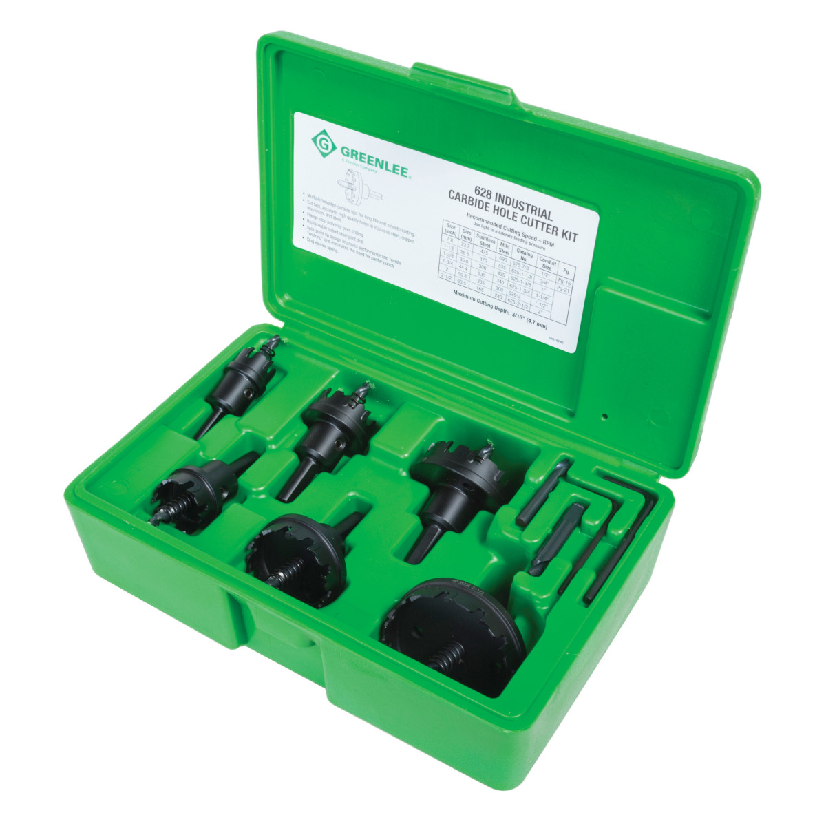 Carbide Cutter Kit, 8 Piece. Complete Solutions for 1/2" to 2" conduit. Fast, accurate holes in stainless steel, mild steel, iron, copper, brass, aluminum, fiberglass and plastic sheet. Extends tool life with reduced friction, torque and heat. Sp...