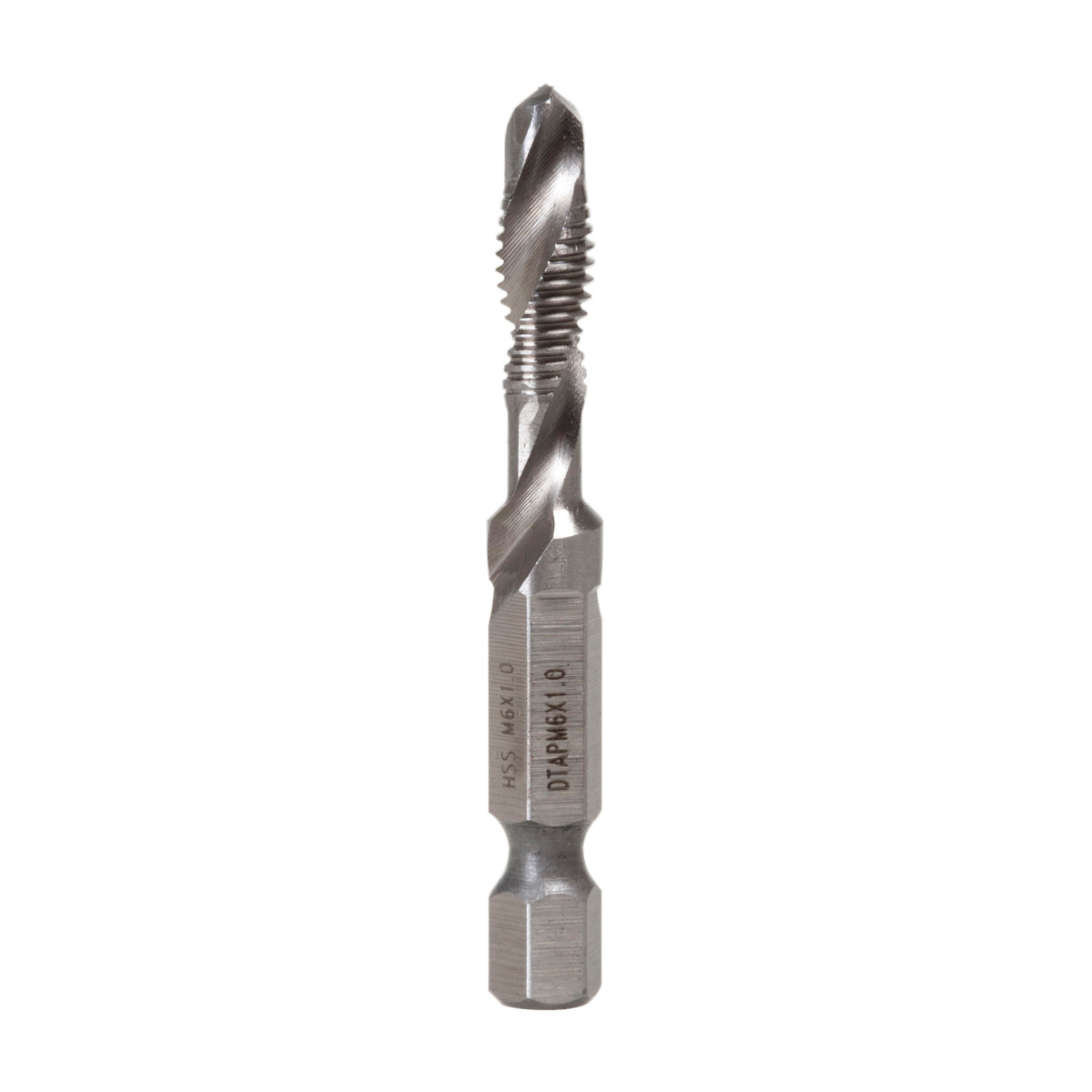 Combination Drill/Tap Bits.  M6 x 1.00.  Complete hole drilling, tapping and deburring/countersinking in one operation with power drill saves labor and time.  Back tapered beyond tap to prevent thread damage from over-drilling.  Deburr/countersink also provided on bit beyond back taper.  Made from hardened high-speed steel vs. carbon steel for longer life.  High quality hex shank to ensure strong connection to drill chuck.  Designed to tap up to 10-gauge metal.  Quick change adaptor included in both metric and standard kits.