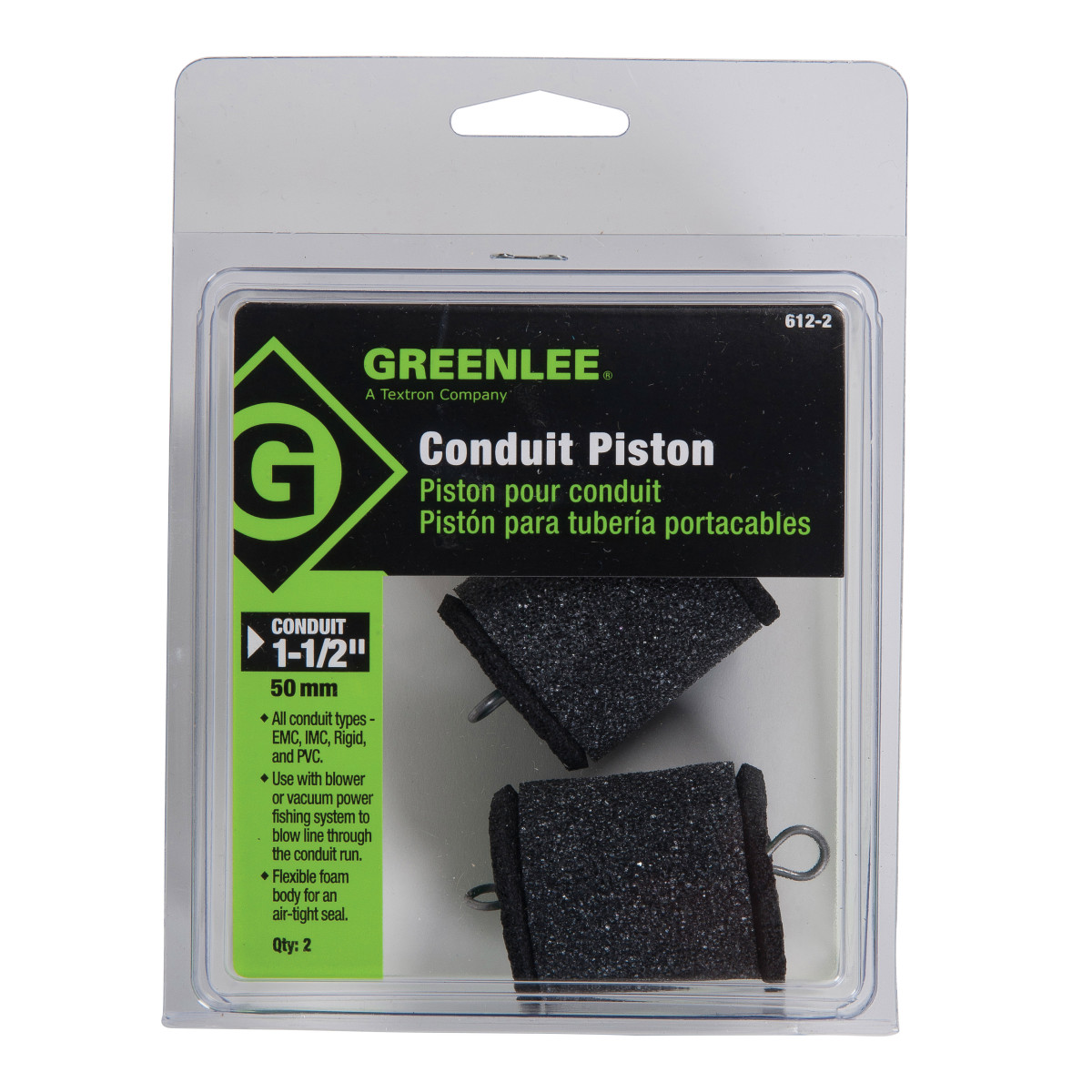 Product image for Greenlee 612-2 1-1/2" Green Flexible Foam Rigid/EMT/IMC Blower or Vacuum Conduit Piston