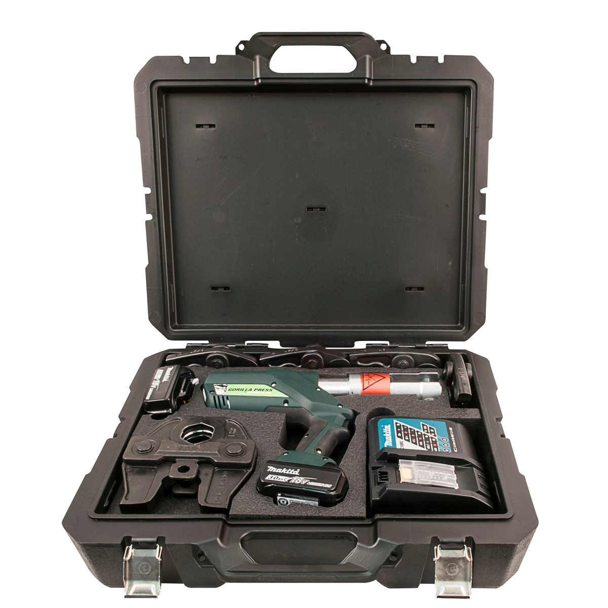 Gorilla Pistol Grip Press Tool Kit with Jaws for Copper and Steel Fittings.  Intelligence for accurate pressing.  No open flame.  Safely install fittings without soldering or welding.  Works on a wet system.  