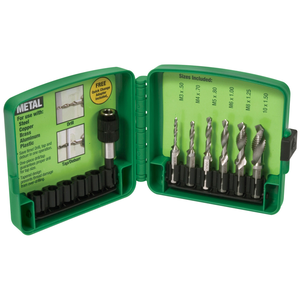 Combination Drill/Tap Bits. M3 x .50. Complete hole drilling, tapping and deburring/countersinking in one operation with power drill saves labor and time. Back tapered beyond tap to prevent thread damage from over-drilling. Deburr/countersink als...