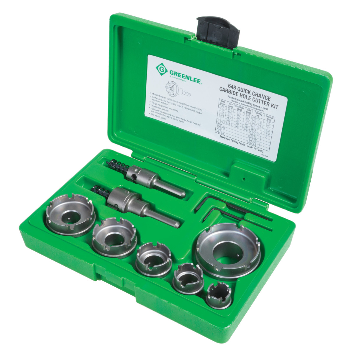 Quick Change Carbide Cutter Kit, 8 Piece Complete Solutions for 1/2" to 2" conduit. Fast, accurate holes in stainless steel, mild steel, iron, copper, brass, aluminum, fiberglass and plastic sheet. Extends tool life with reduced friction, torque an...